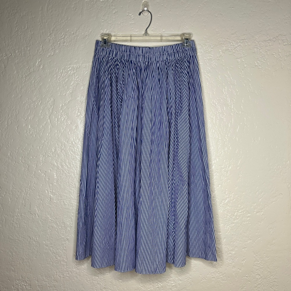 J.Crew Blue White Striped Midi Skirt Elastic Waist Cotton Blend Size M